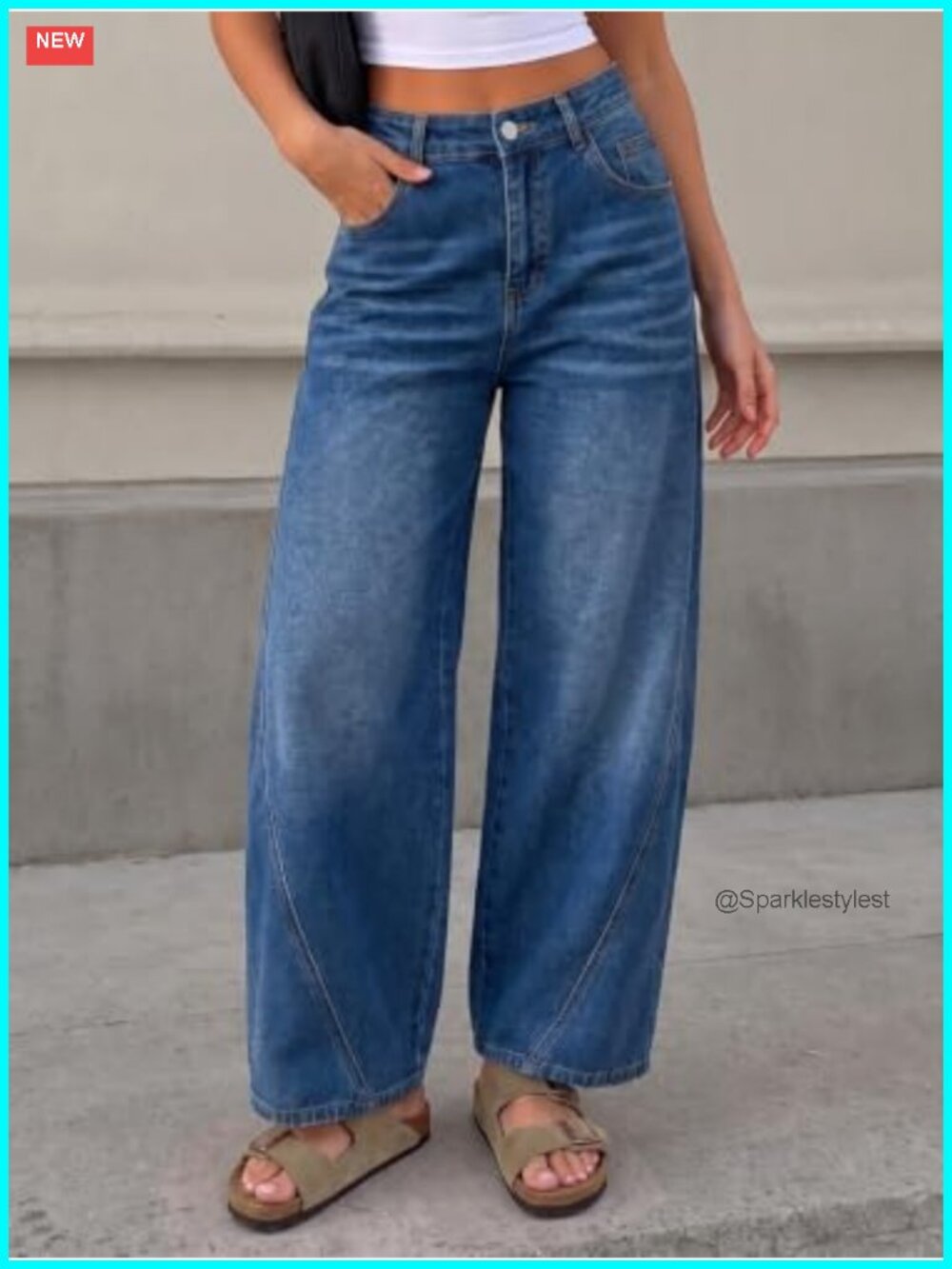 High Waist Wide Leg Cropped Jeans Baggy Barrel Denim Pants Stretch - Picture 2 of 6